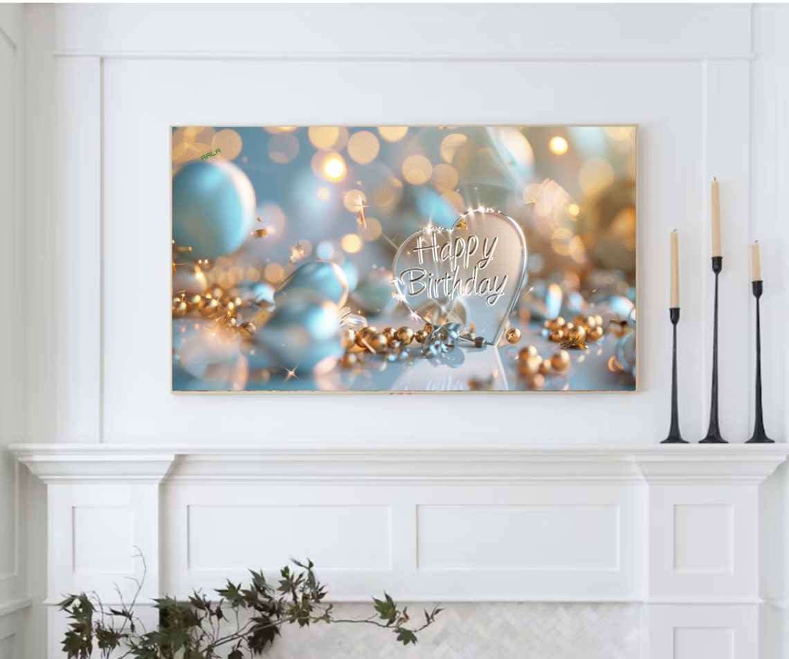 Happy Birthday Heart Gold Blue Balloon Celebration Party Wall Art - Image 2