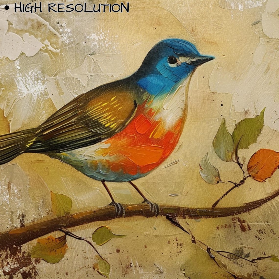 Blue Headed Songbird Perched Branch Autumn Leaves Impasto Art Print - Image 3