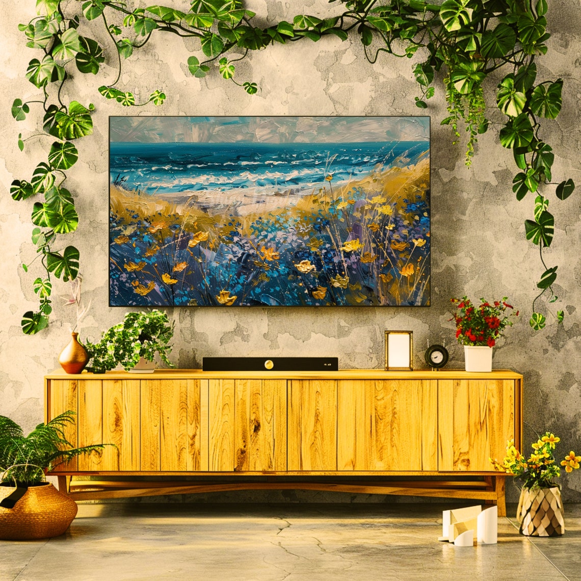 Frame Tv Art Summer Wildflower Field By Sea Vintage Spring Field Of Flowers Tv Art Warm Tone Cottagecore Tv Art - Image 2