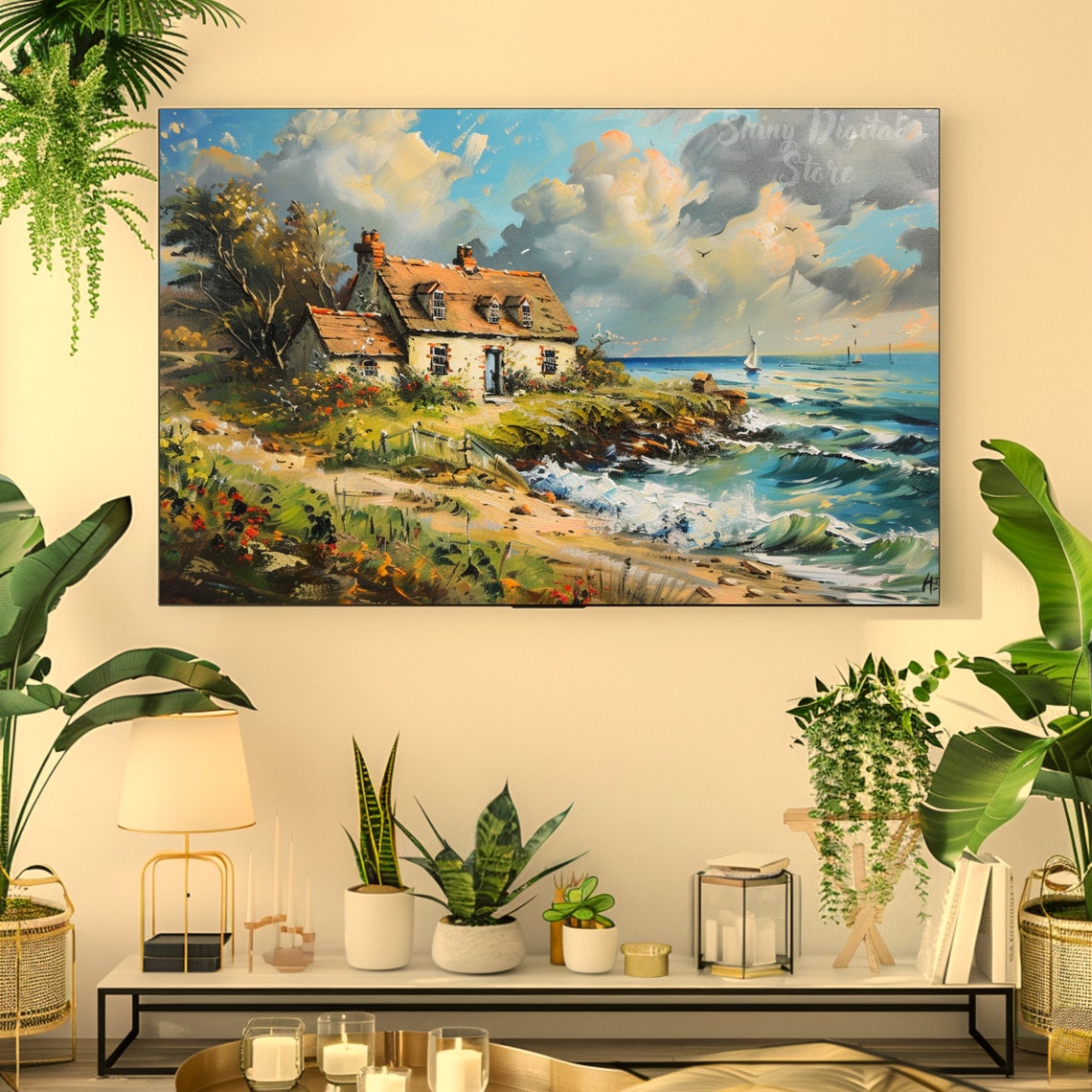 Coastal Cottage On Rocky Cliffs Ocean Waves Vintage Beach Poster - Image 2