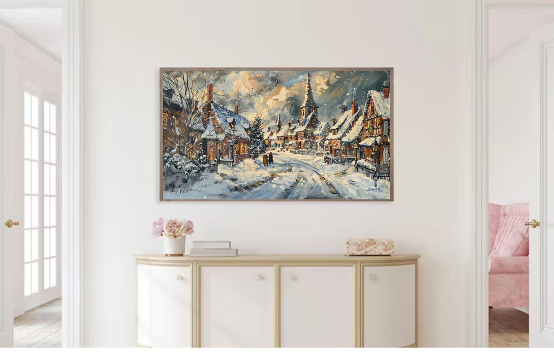 Winter Frame Tv Art Christmas Village Painting Xmas Houses Winter Snow Art File For Tv Neural Toned Tv Art - Image 3