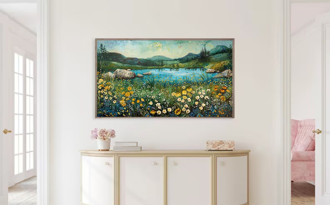 Summer Wildflower Meadow Blue Lake Mountain Landscape Oil Poster - Image 2