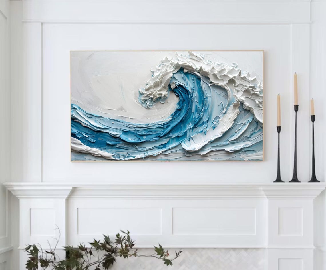Textured Ocean Wave Curl Blue White Impasto 3D Seascape Wall Art Print - Image 2
