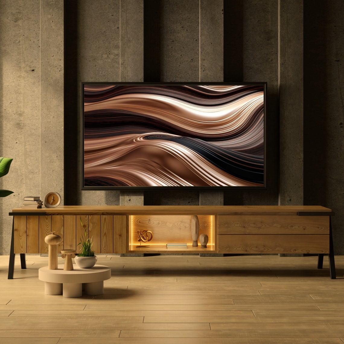 Coffee Brown Beige 3D Waves Neutral Abstract Modern Wall Art - Image 2