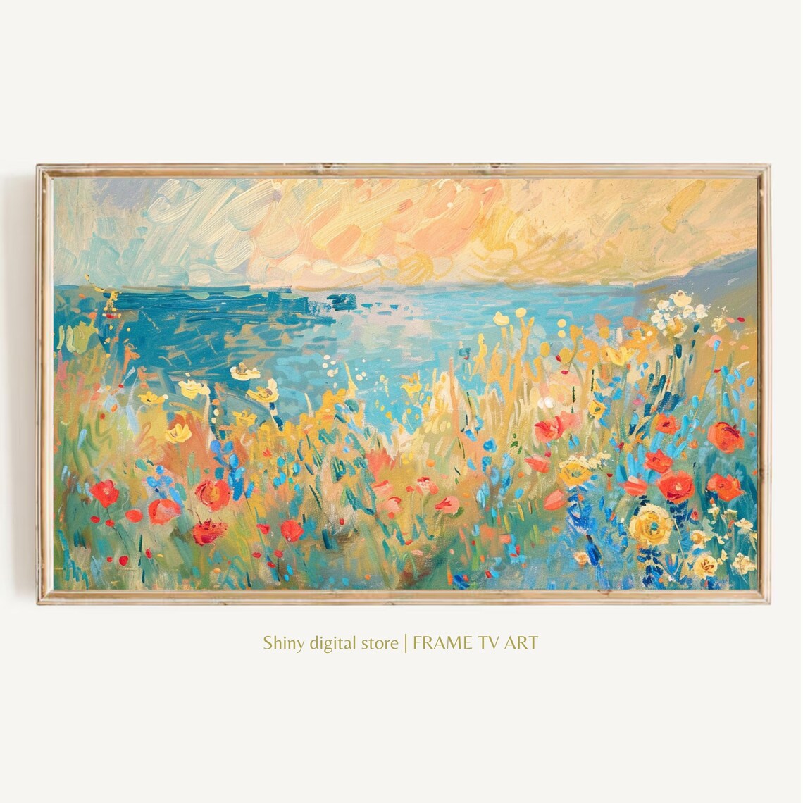Impressionist Wildflower Field Poppies Golden Coastal Sunset Art Print