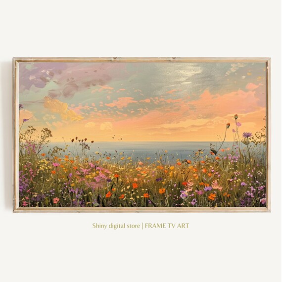 Wildflower Meadow Ocean Sunset Peach Sky Coastal Floral Art Print