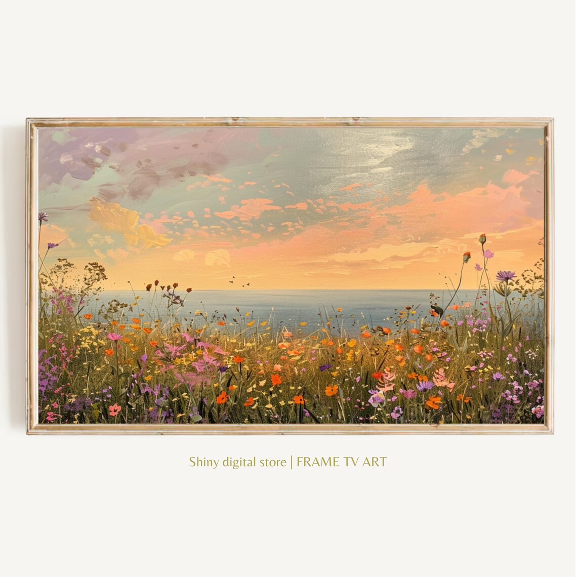 Wildflower Meadow Ocean Sunset Peach Sky Coastal Floral Art Print
