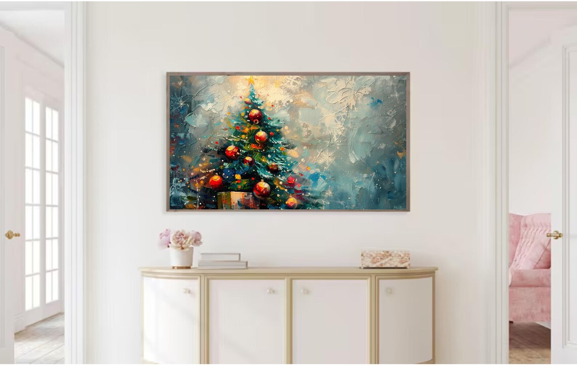 Christmas Tree Red Ornaments Snowy Impasto Holiday Painting Art Poster - Image 2