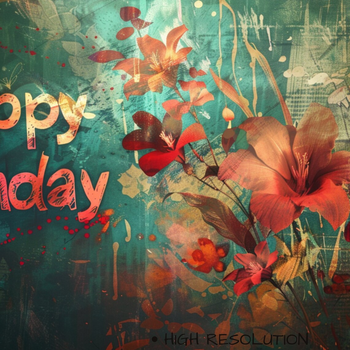 Happy Birthday Floral Art Teal Gold Lilies Party Celebration Poster - Image 3