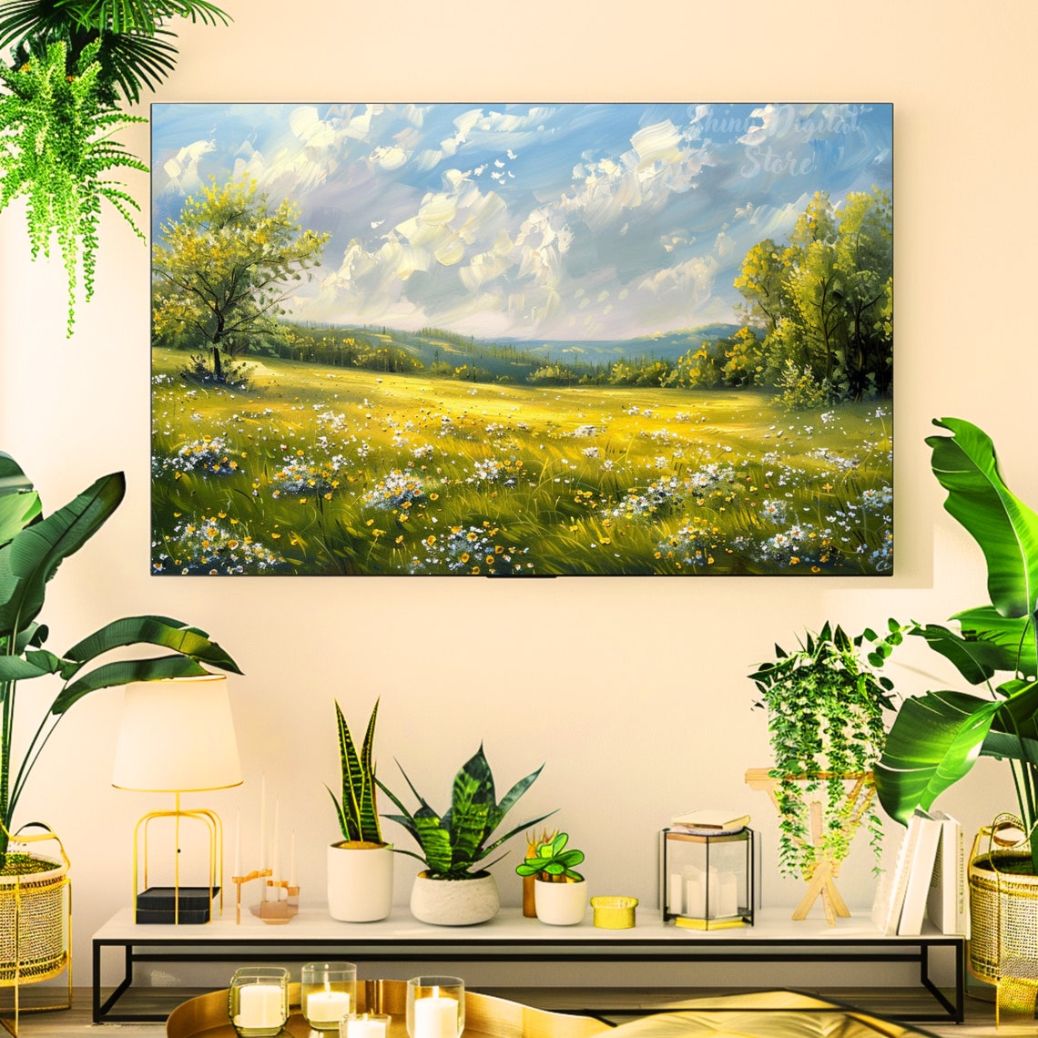 Golden Sunlit Flower Meadow Blue Sky Spring Field Landscape Poster - Image 2