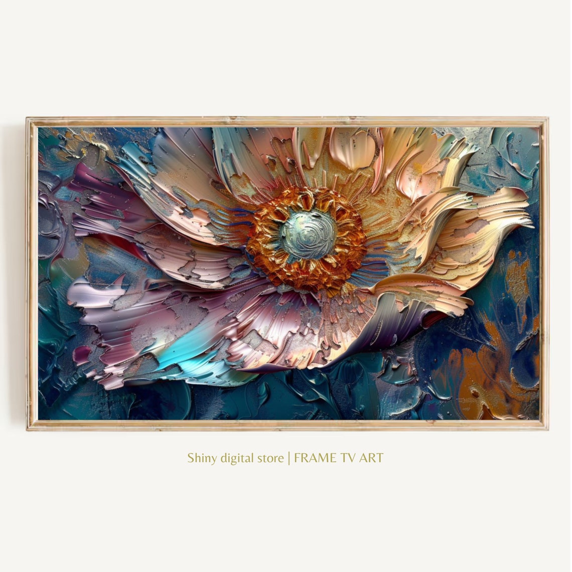 3D Textured Impasto Flower Close Up Cream Mauve Teal Abstract Poster