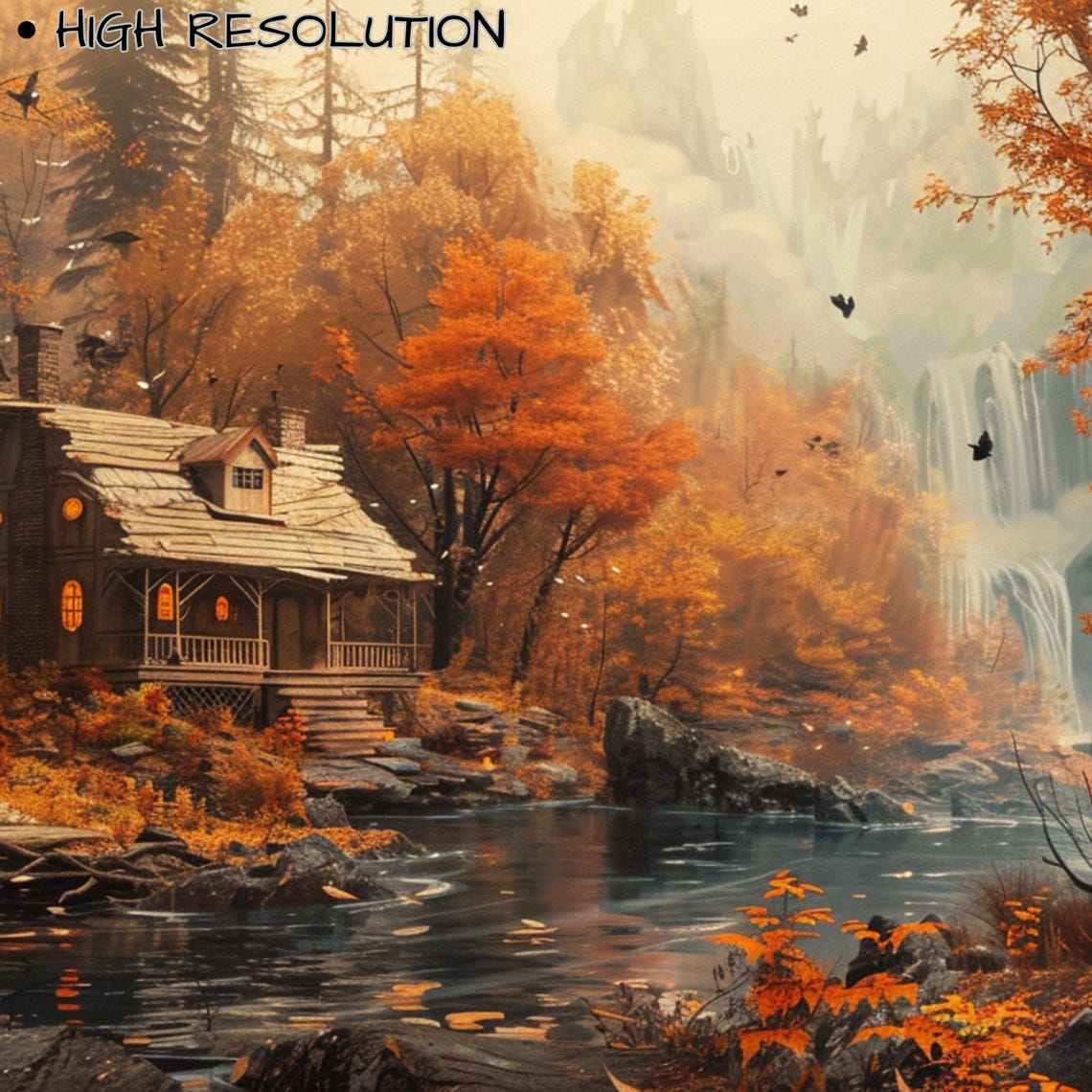 Ghost By Autumn Cabin Stream Waterfall Fall Foliage Painting Poster - Image 3