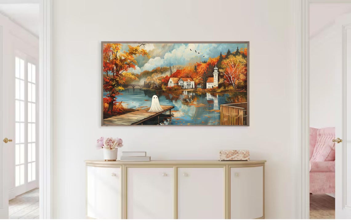 Cute Ghost On Lake Dock Autumn Village Fall Foliage Painting Poster - Image 2