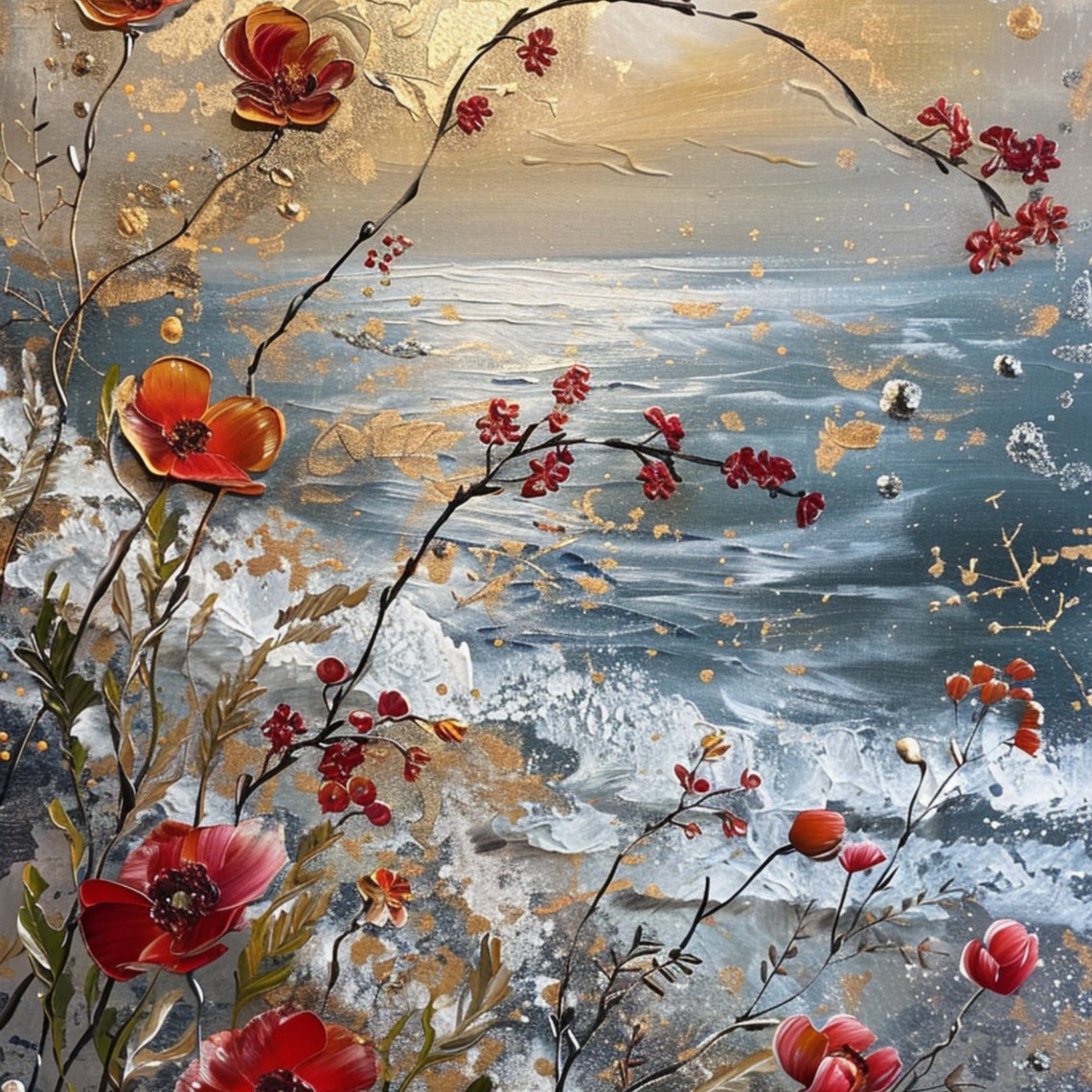 Red Poppies Ocean Cliff Sunset Golden Impasto Floral Beach Poster - Image 3
