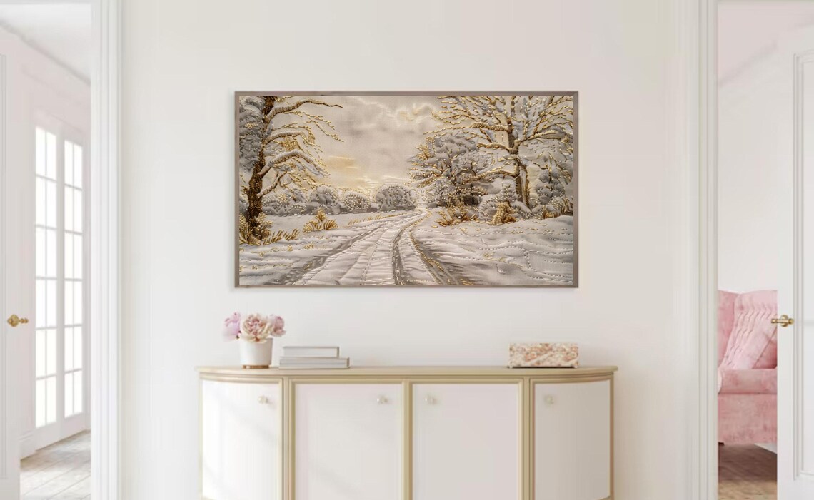White Gold Embroidered Winter Snow Landscape Textured Art Poster - Image 2