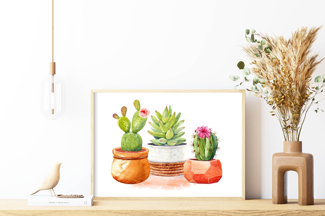 Potted Cactus and Succulent Trio Watercolor Botanical Art Poster - Image 3