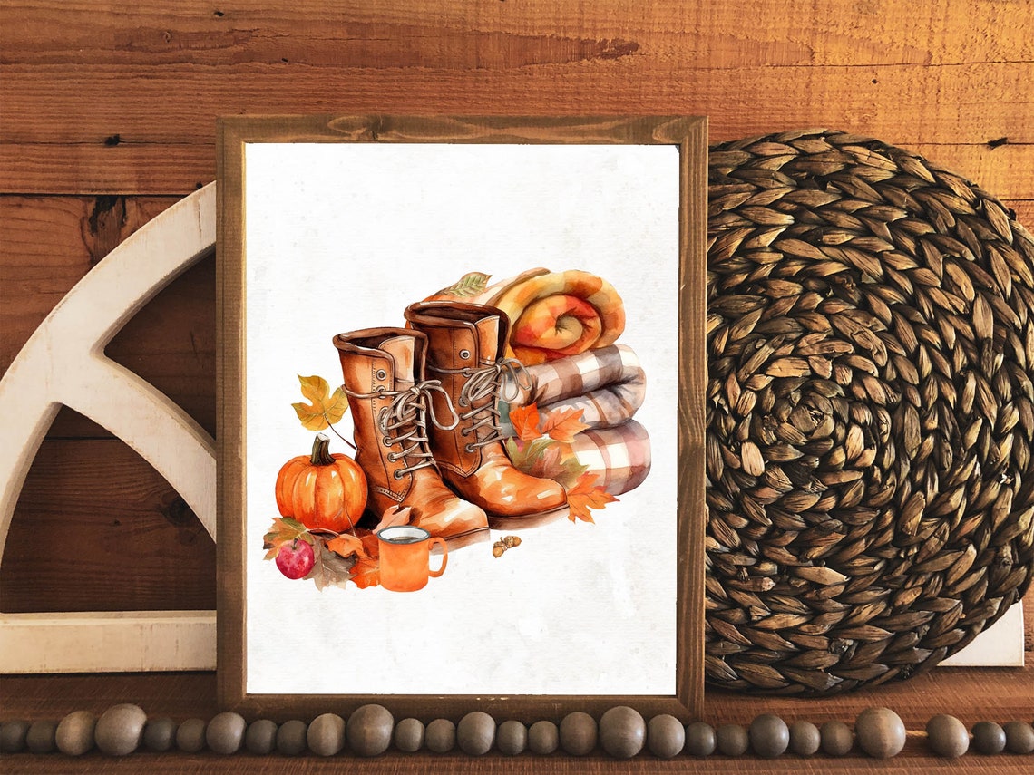 Autumn Boots Blankets and Pumpkin Cozy Fall Still Life Wall Art - Image 2