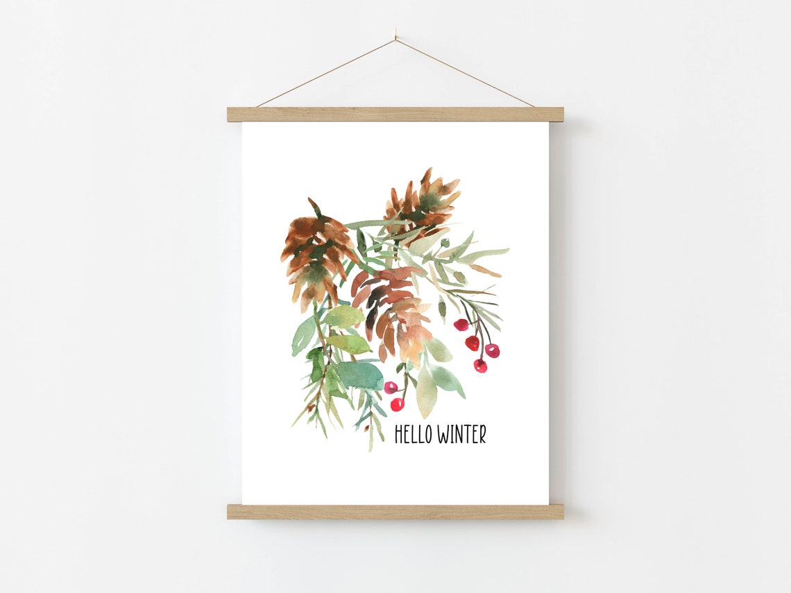 Hello Winter Pine Cone Eucalyptus Berry Watercolor Botanical Poster - Image 6