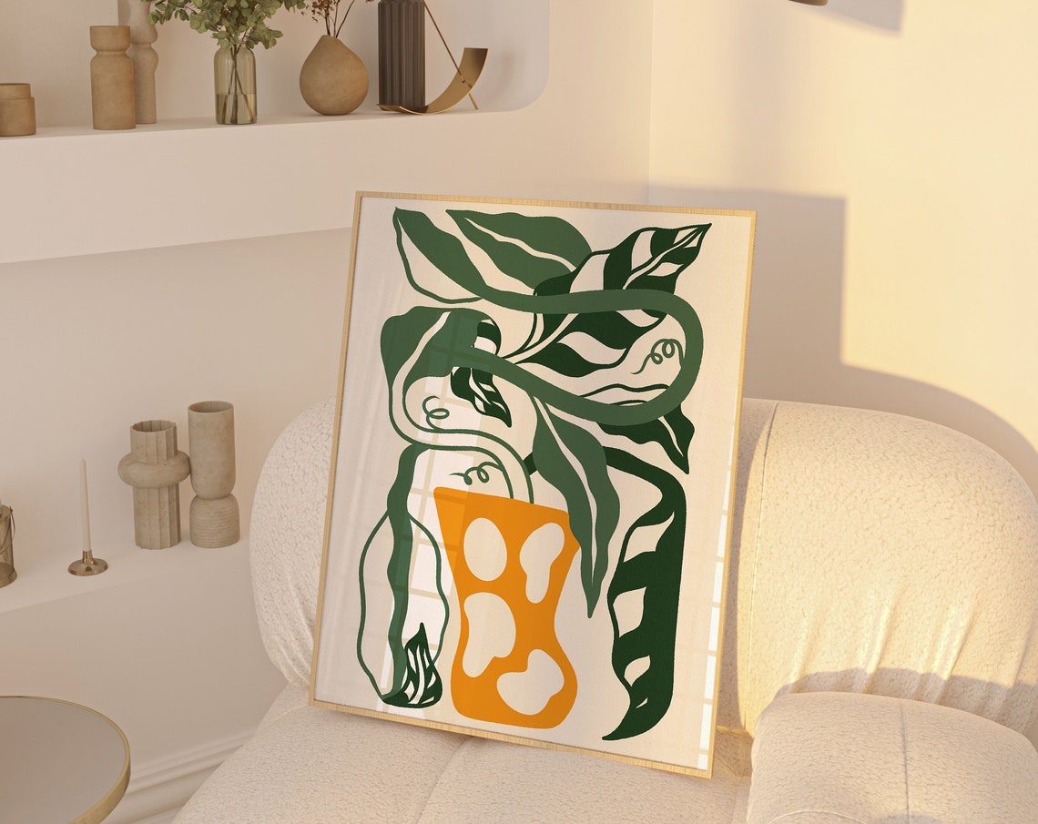 Tropical Green Leaves Abstract Orange Vase Boho Botanical Art Poster