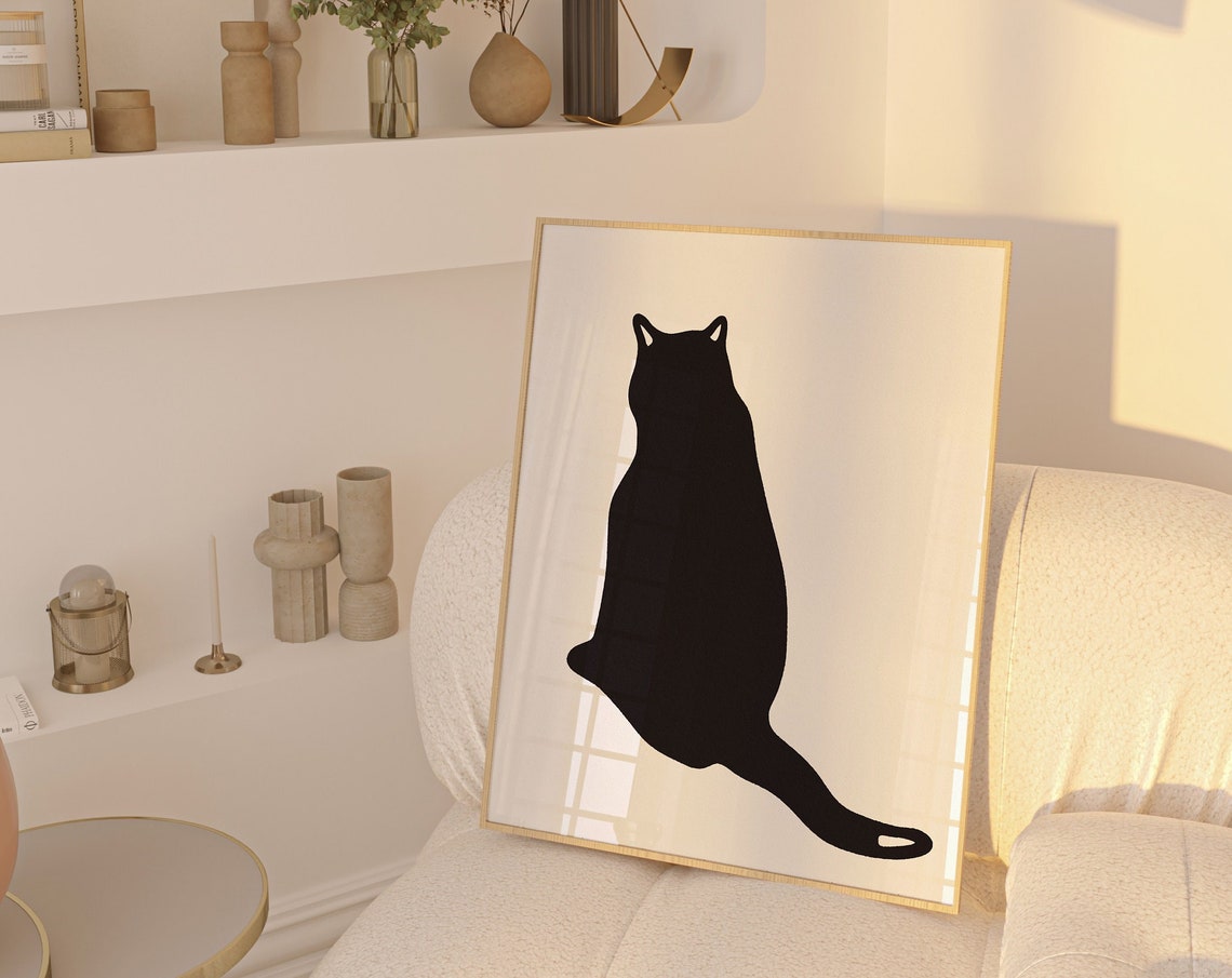 Minimalist Black Cat Sitting Silhouette Modern Animal Lover Wall Art