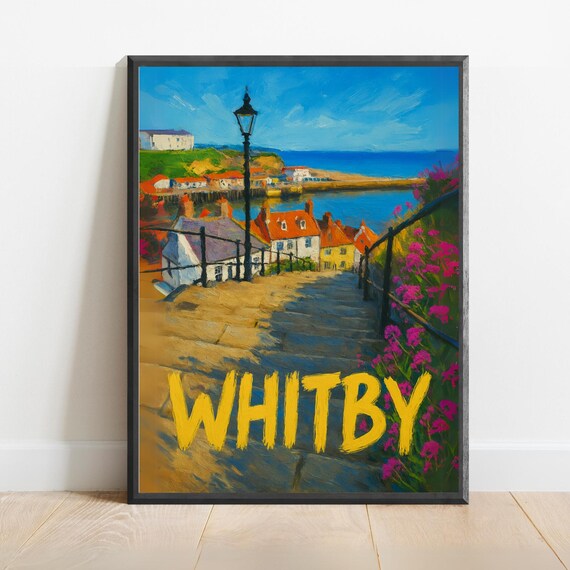 Whitby England Famous 199 Steps Down To The Harbor Seaside Poster