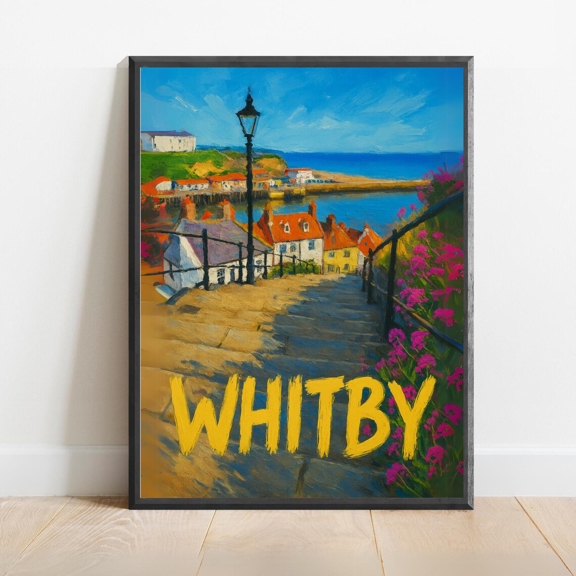 Whitby England Famous 199 Steps Down To The Harbor Seaside Poster