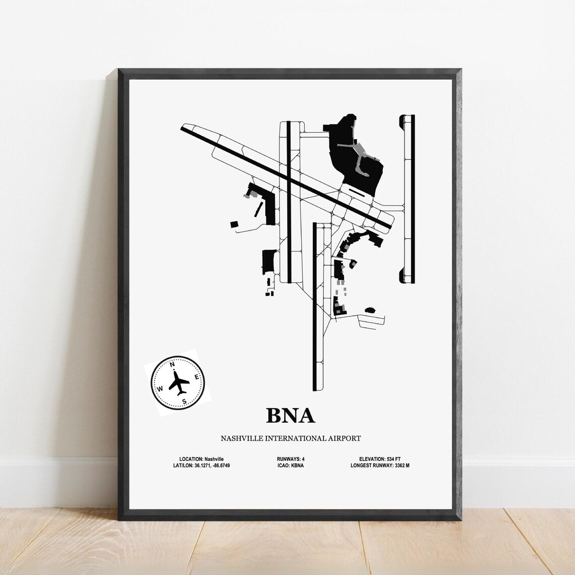 BNA Nashville International Airport Map, Aviation Poster