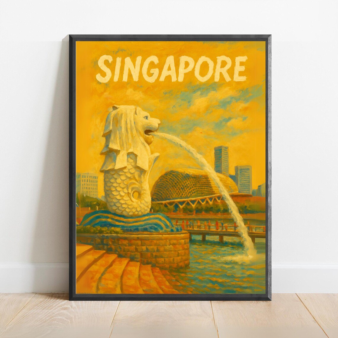 Singapore Merlion Park Golden Sunset Iconic Landmark View Poster