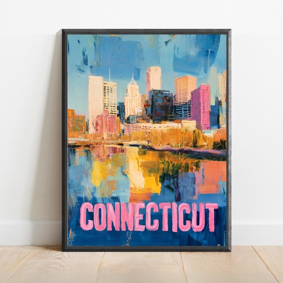 Connecticut Abstract City Skyline Bold Pink Textured Brush Poster