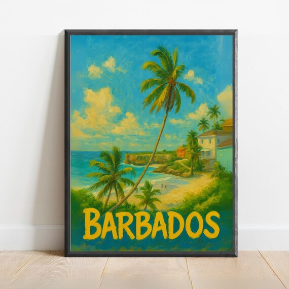 Barbados Caribbean Beach With Palm Trees Coastal Painting Poster
