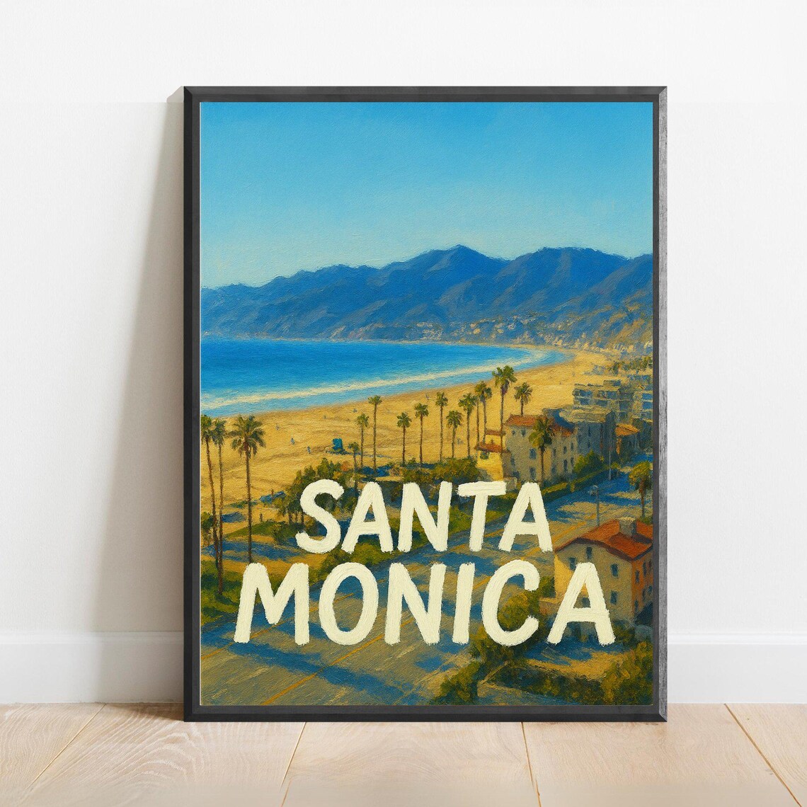 Santa Monica Beach Coastline Palms Mountain View Travel Poster