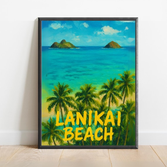 Lanikai Beach Mokulua Islands Tropical Travel Poster Hawaii Coastal Palm Tree Art