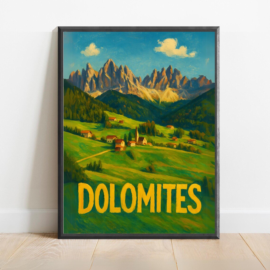 Dolomites Vintage Travel Poster With Alpine Village And Peaks