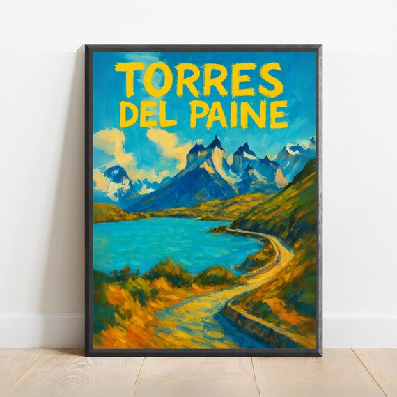 Torres Del Paine Poster Mountain Wall Art Print Chilean Nature Decor Hiking Landscape Illustration For Adventure Lovers