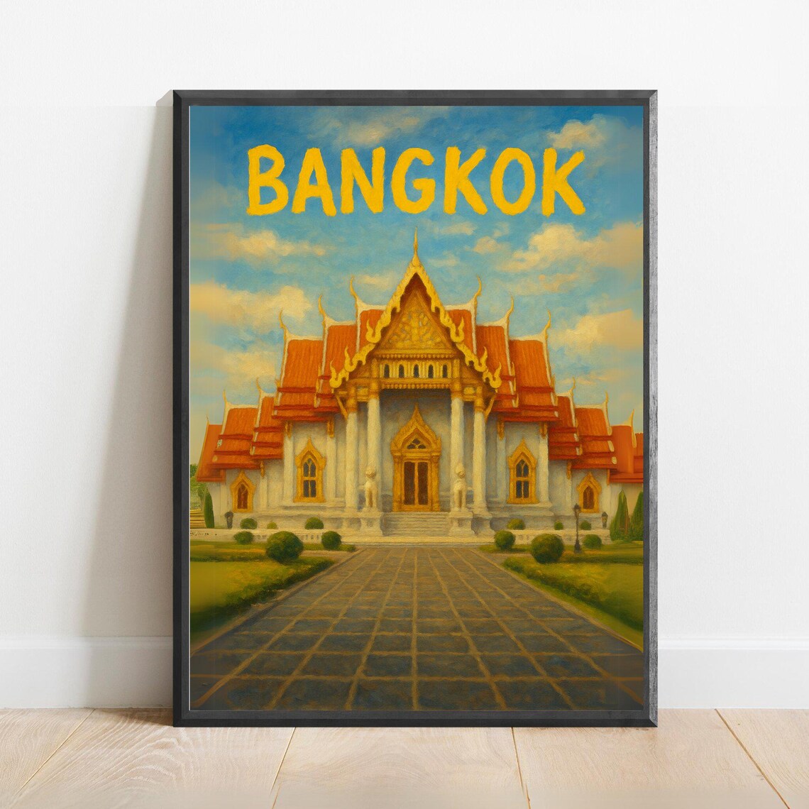 Bangkok Wat Benchamabophit Temple Poster With Golden Thai Travel Art