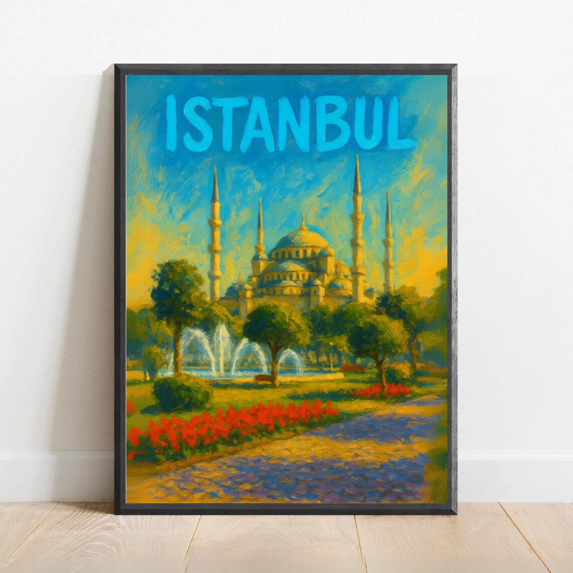 Istanbul Vintage Travel Poster With Blue Mosque And Garden Fountains