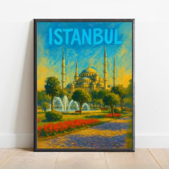 Istanbul Vintage Travel Poster With Blue Mosque And Garden Fountains
