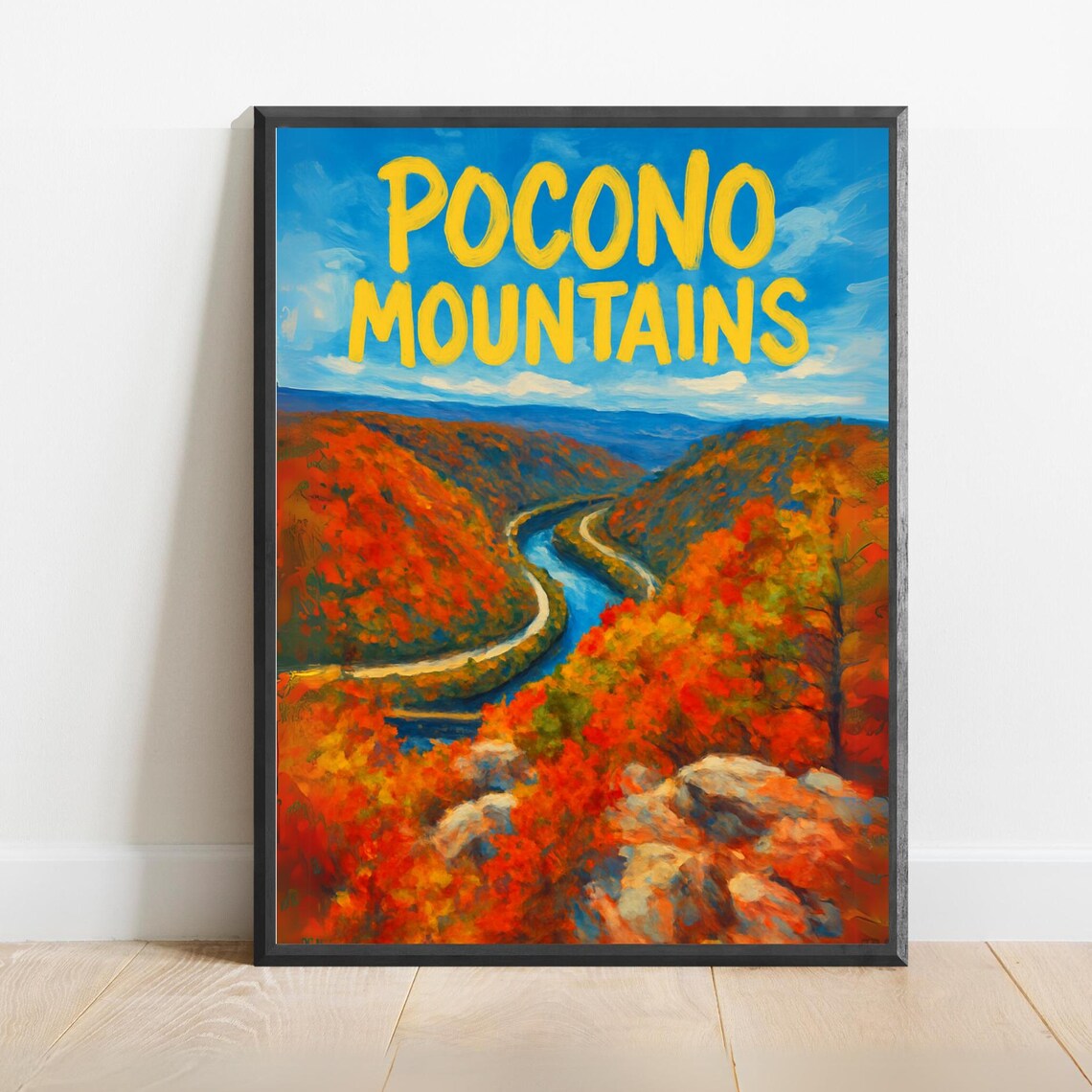 Pocono Mountains Vintage Travel Poster With Autumn River Gorge