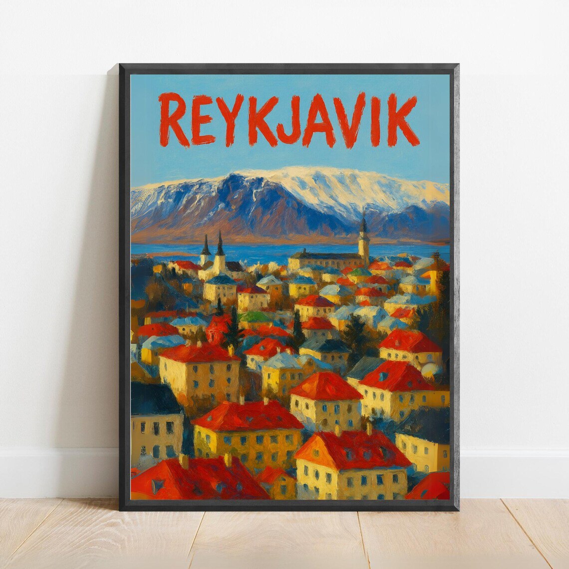Reykjavik Colorful Old Town With Snowy Peaks Iceland Travel Poster