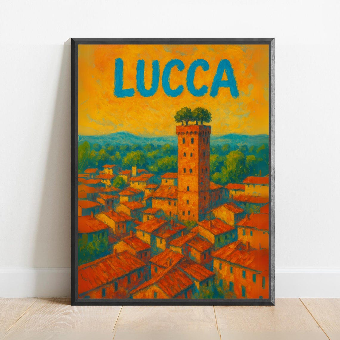 Lucca Italy Guinigi Tower Terracotta Rooftops Sunset Scene Poster