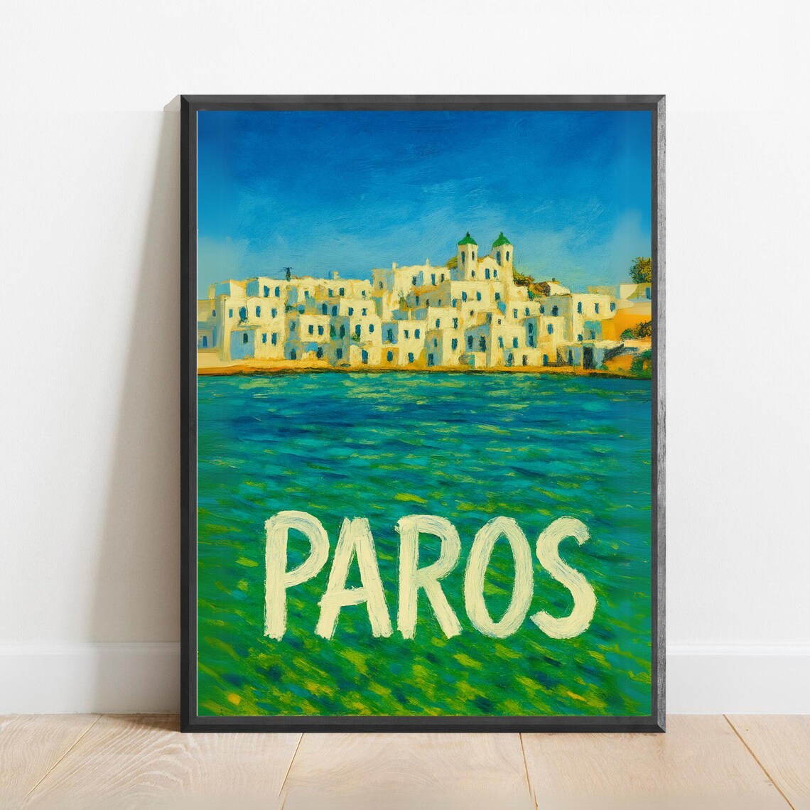 Paros Greece Poster Whitewashed Town Over Turquoise Aegean Sea Art