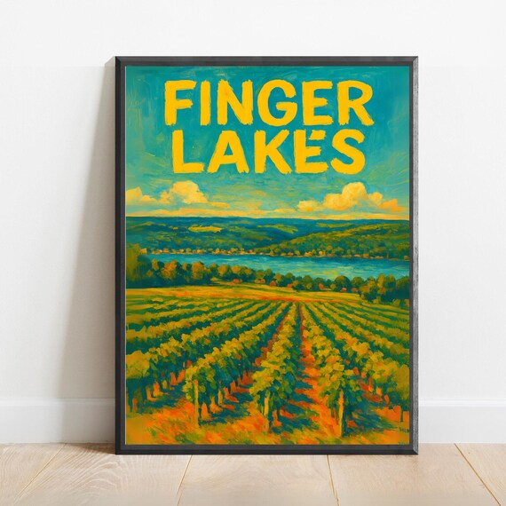 Finger Lakes Vintage Travel Poster With Vineyards And Lake View