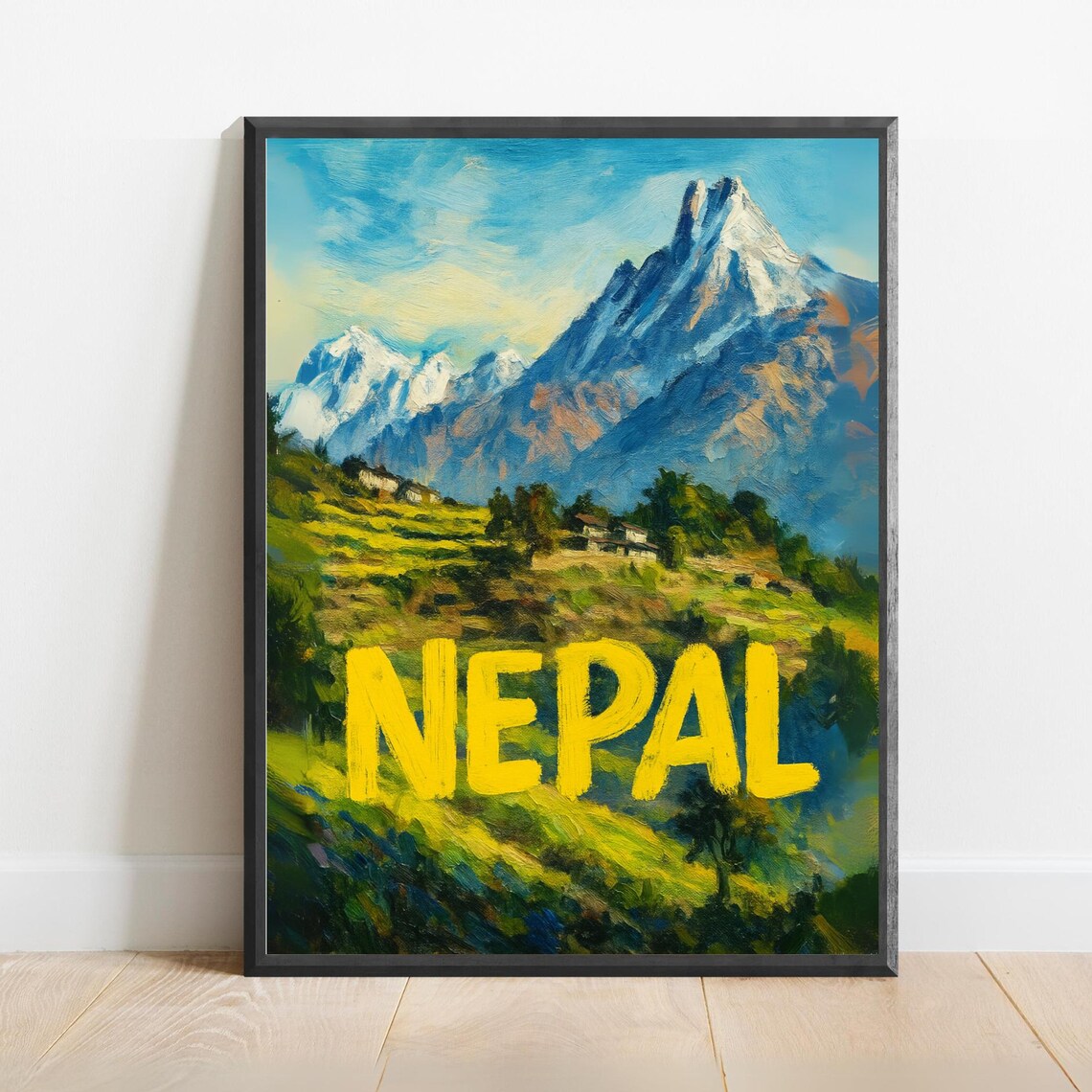 Nepal Himalayan Snow Peaks Above Green Terraced Hills Travel Poster