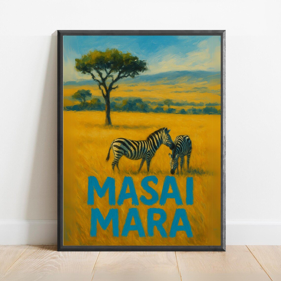Masai Mara Kenya Zebras Golden Savanna Acacia Tree Vintage Travel Poster
