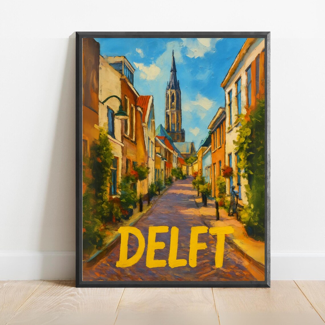 Delft Dutch Cobblestone Street Church Tower Netherlands Poster
