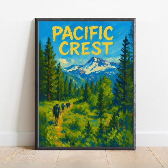 Pacific Crest Hikers on a Sunlit Meadow Trail Vintage Travel Poster