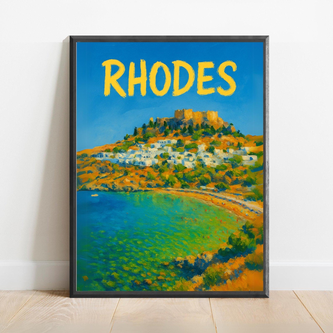 Rhodes Greece Lindos Acropolis Bay Turquoise Coast Travel Poster