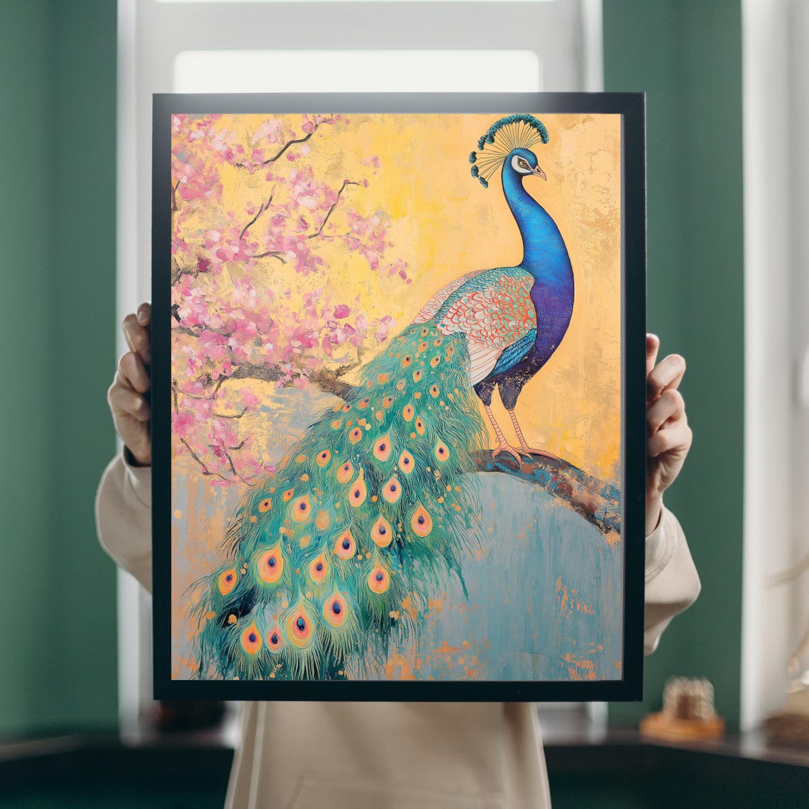 Majestic Peacock Cherry Blossom Gold Elegant Bird Decor Wall Art