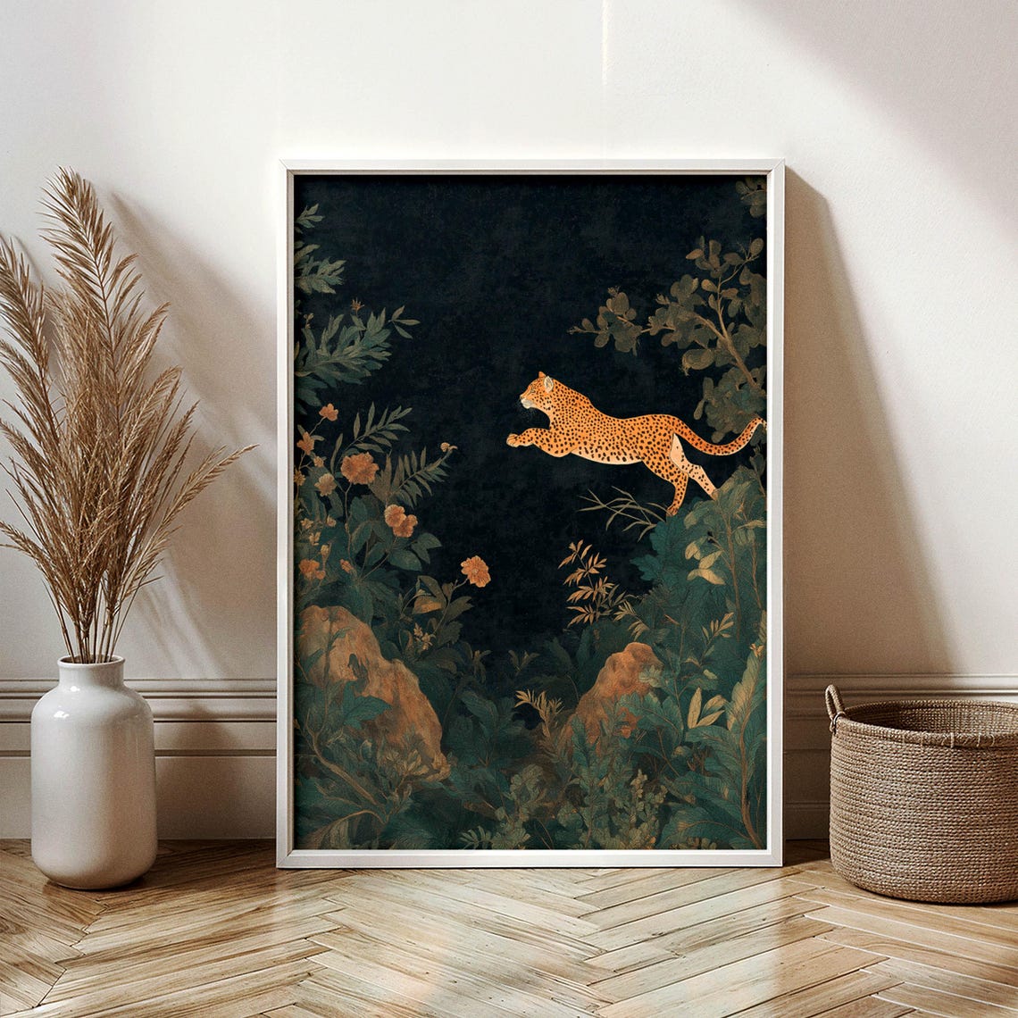 Leaping Leopard Jungle Night Botanical Dark Safari Wildlife Wall Art