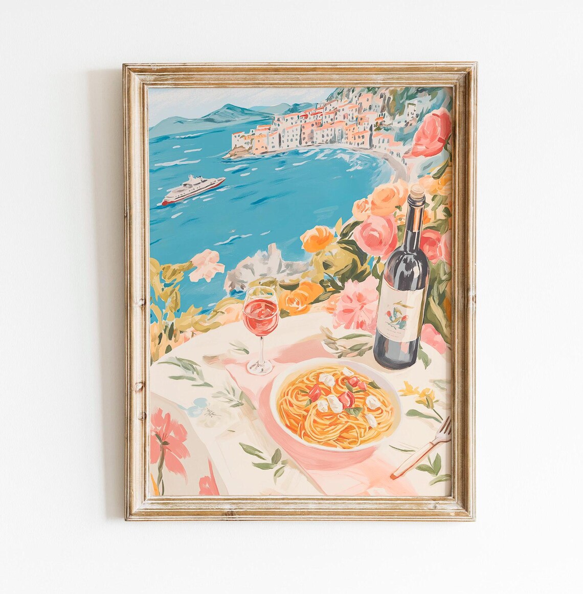 Italian Riviera Amalfi Coast Pasta Wine Floral Mediterranean Poster